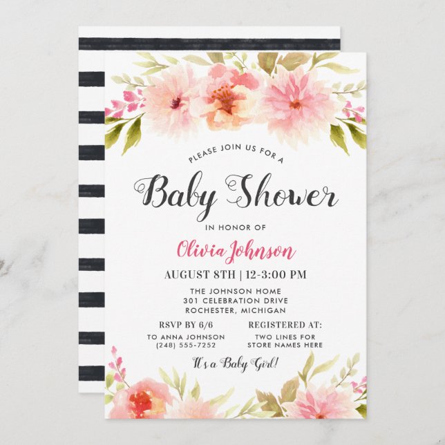 Modern Black Script Floral Baby Girl Shower Invitation (Front/Back)