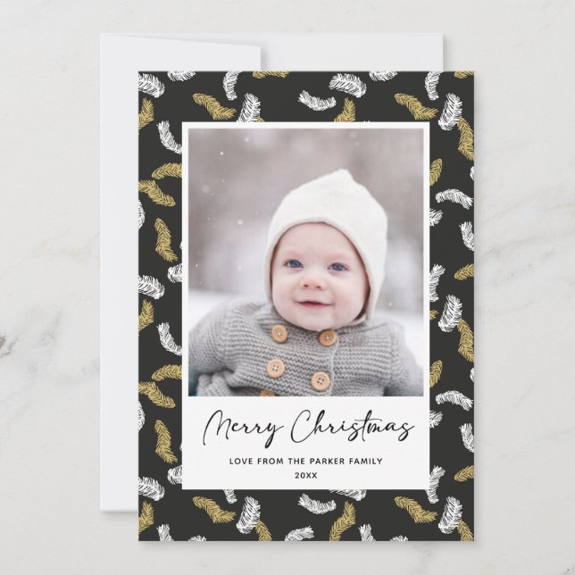 Modern Black Script Gold Pine Mistletoe Christmas Holiday Card (Front)