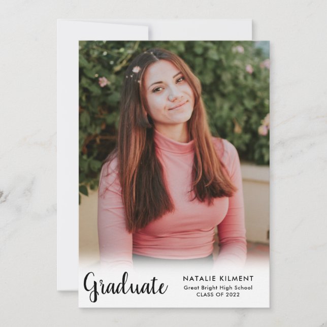 Modern Black Script Graduate Photo Graduation Announcement (Front)