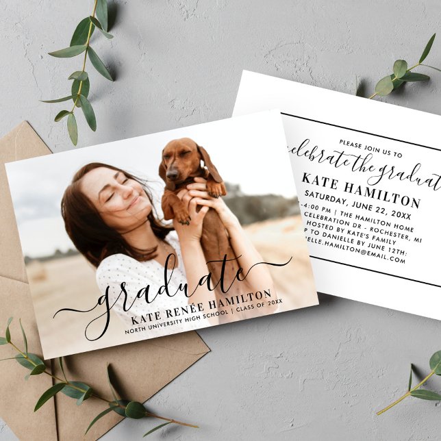 Modern Black Script Graduate Photo Graduation Invitation (Creator Uploaded)