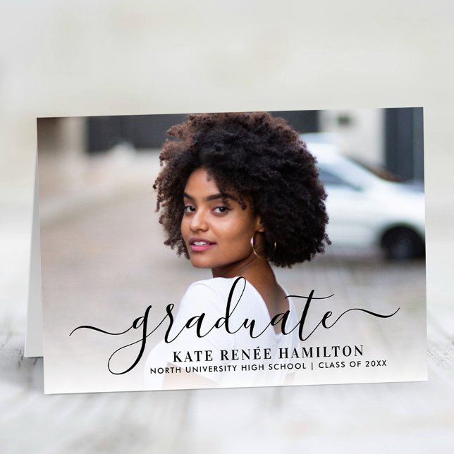 Modern Black Script Graduate Photo Graduation Thank You Card (Creator Uploaded)