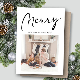 Modern Black Script MERRY Chic Minimalist  Holiday Card
