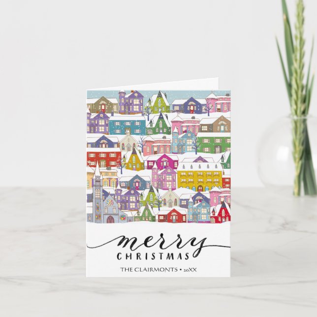 Modern Black Script MERRY Winter Town Minimalist Holiday Card (Front)