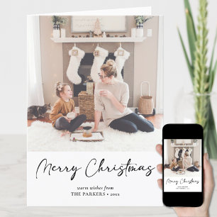 Modern Black Script on Beige Minimalist Photo Holiday Card