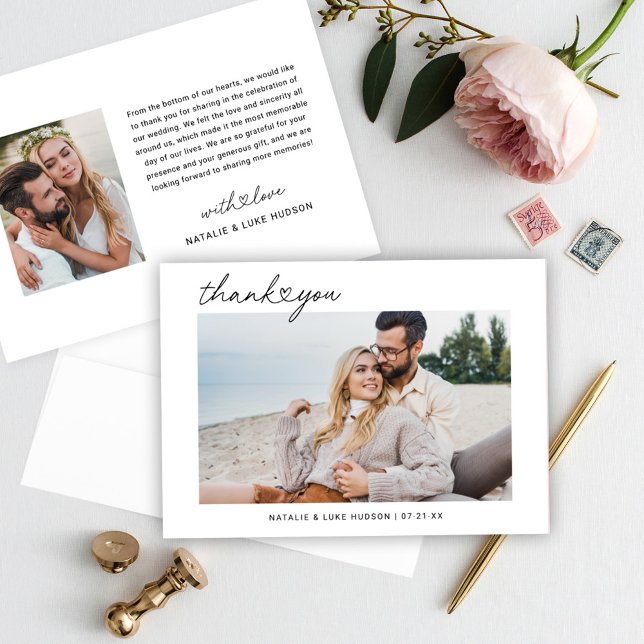 Modern Black Script Personalised Wedding Photo Thank You Card (Creator Uploaded)