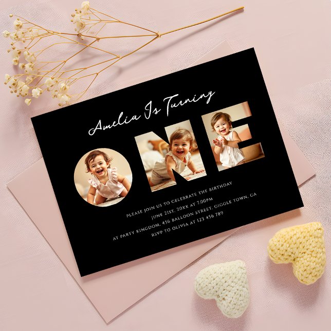 Modern Black Script Photo Collage First Birthday Invitation (Creator Uploaded)