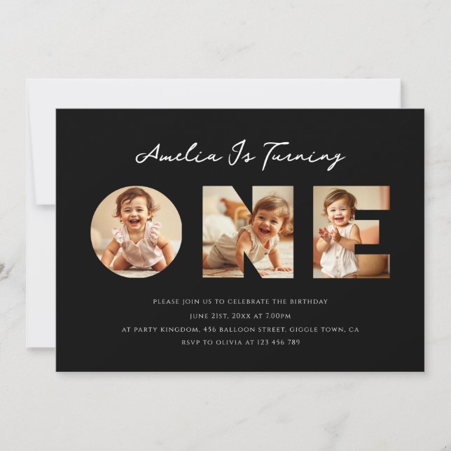 Modern Black Script Photo Collage First Birthday Invitation (Front)