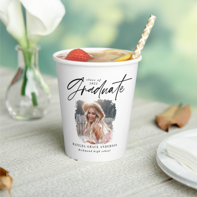 Modern black script photo elegant graduation paper cups (Insitu)