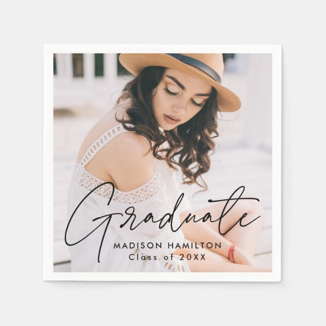 Modern Black Script Photo Graduation Napkin (Front)