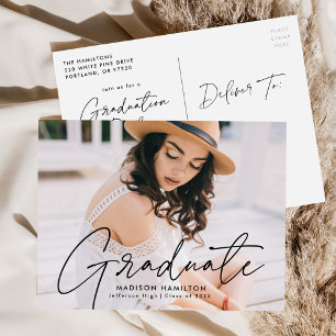 Modern Black Script Photo Graduation Party Invitation Postcard