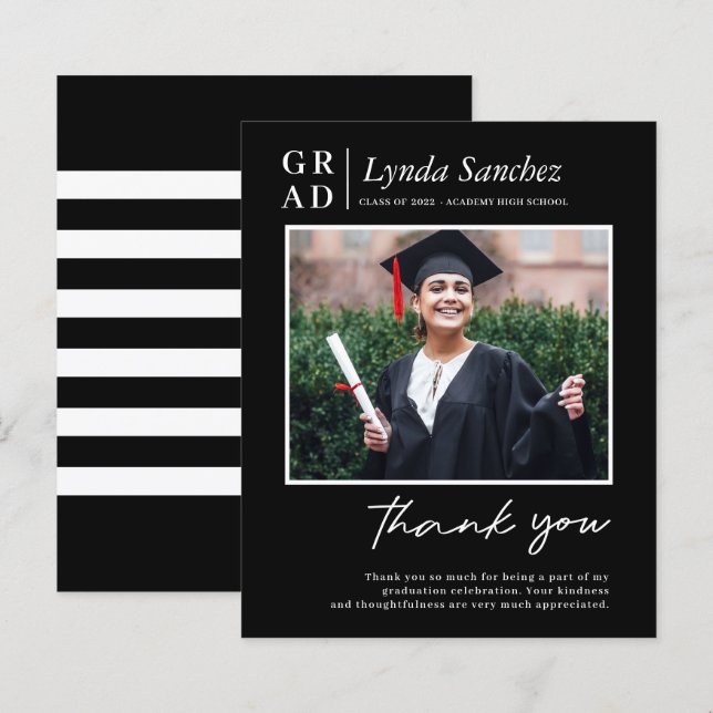 Modern Black Script Photo Graduation Thank You Car (Front/Back)