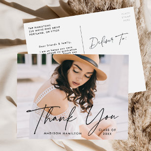 Modern Black Script Photo Graduation Thank You Postcard