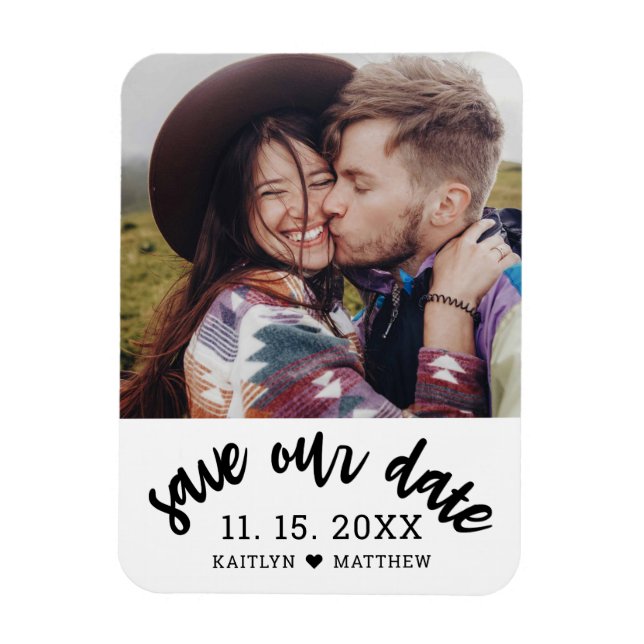 Modern Black Script Photo Wedding Save Our Date Magnet (Vertical)