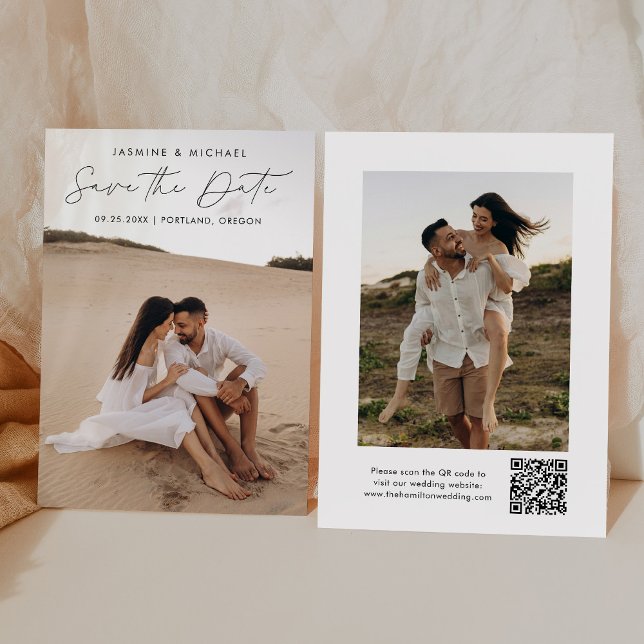 Modern Black Script QR Code 2 Photo Save The Date (Creator Uploaded)
