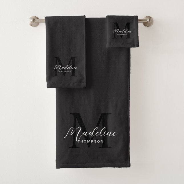 Modern Black Script Typography Initial Monogram Bath Towel Set (Insitu)