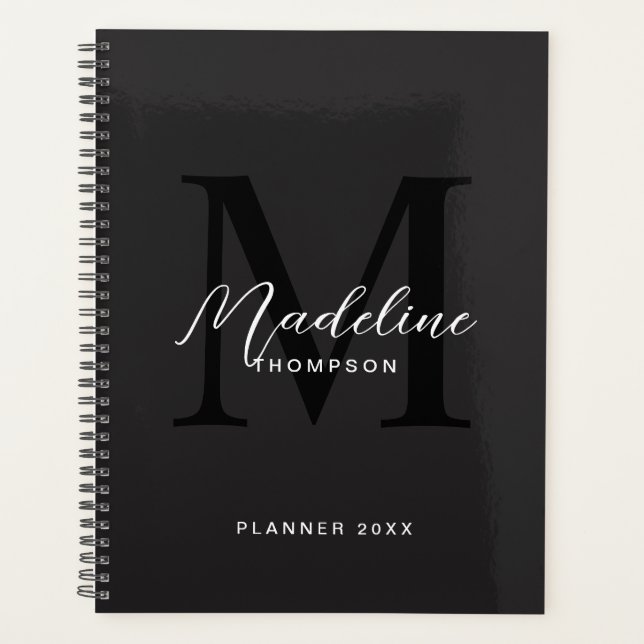Modern Black Script Typography Initial Monogram Planner (Front)