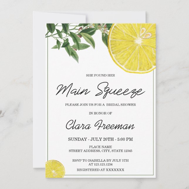 Modern Black Script Watercolor Lemon Bridal Shower Invitation (Front)