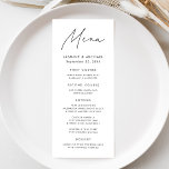 Modern Black Script Wedding Menu<br><div class="desc">Elevate your wedding reception with our beautifully crafted wedding menu, featuring a sleek handwritten black script on a clean white background. Perfect for couples seeking a simple yet sophisticated look, this modern design lets you personalise with your names, wedding date, and menu offerings. Its minimalist style effortlessly complements any wedding...</div>