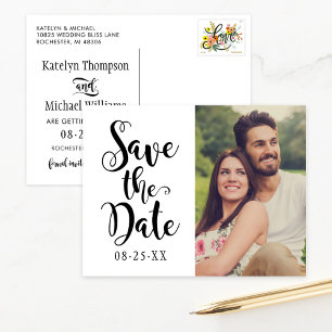Modern Black Script Wedding Photo Save the Date Announcement Postcard