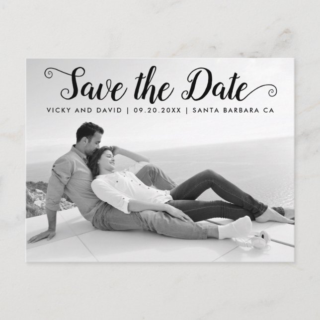Modern black script wedding Save the Date photo Postcard (Front)