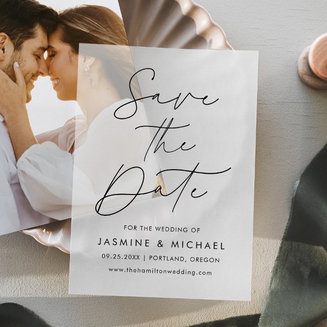 Modern Black Script Wedding Save the Date Vellum Invitations (Creator Uploaded)