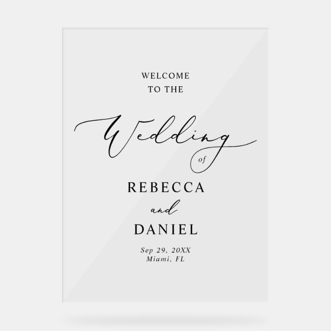 Modern Black Script Wedding Welcome Foam Board Acrylic Sign (Front)