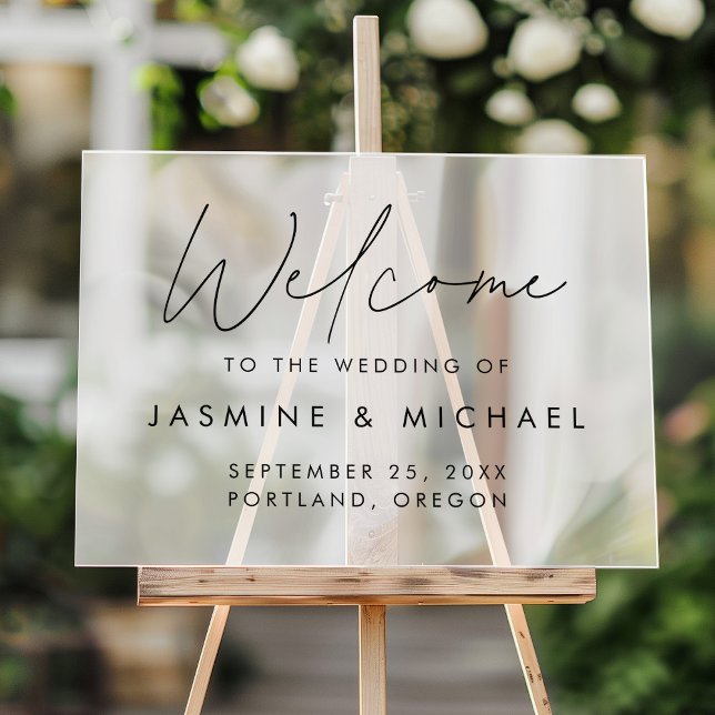 Modern Black Script Wedding Welcome Frosted Acrylic Sign (Creator Uploaded)