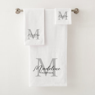 Modern Black Script White Grey Initial Monogram Bath Towel Set