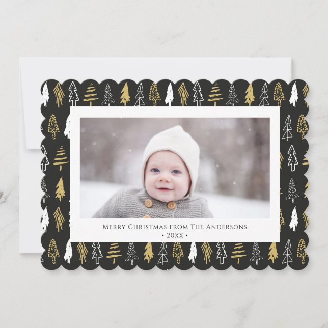 Modern Black Seamless Gold White Forest Pine Tree Holiday Card (Front)