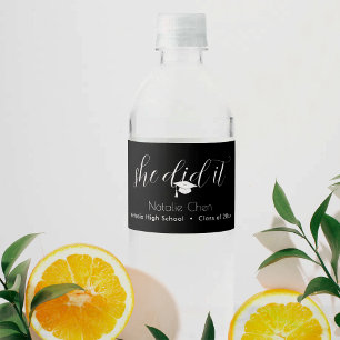 Modern Black She Did It Elegant Graduation Water Bottle Label