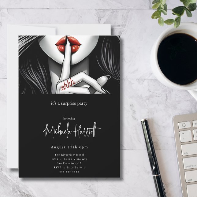 Modern Black Shhh Surprise Birthday Party Invitation (Creator Uploaded)