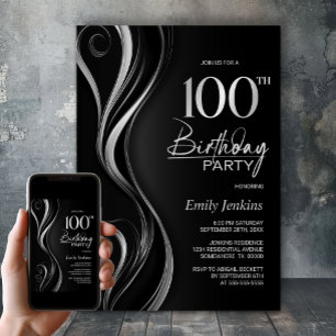 Modern Black Silver 100th Birthday Party Invitation