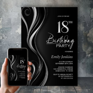 Modern Black Silver 18th Birthday Party Invitation
