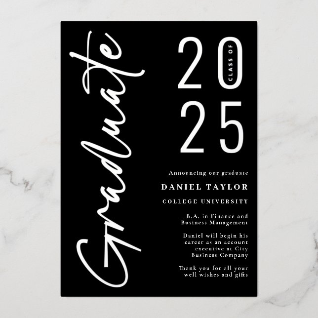 Modern Black Silver 2025 Graduation Announcement (Front)