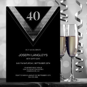 Modern Black Silver 40th Birthday Party Invitation