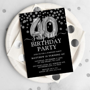 Modern Black & Silver 40th Surprise Birthday Party Invitation