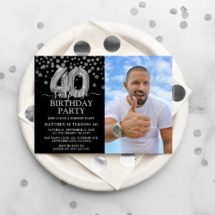 Modern Black & Silver 40th Surprise Birthday Photo Invitation