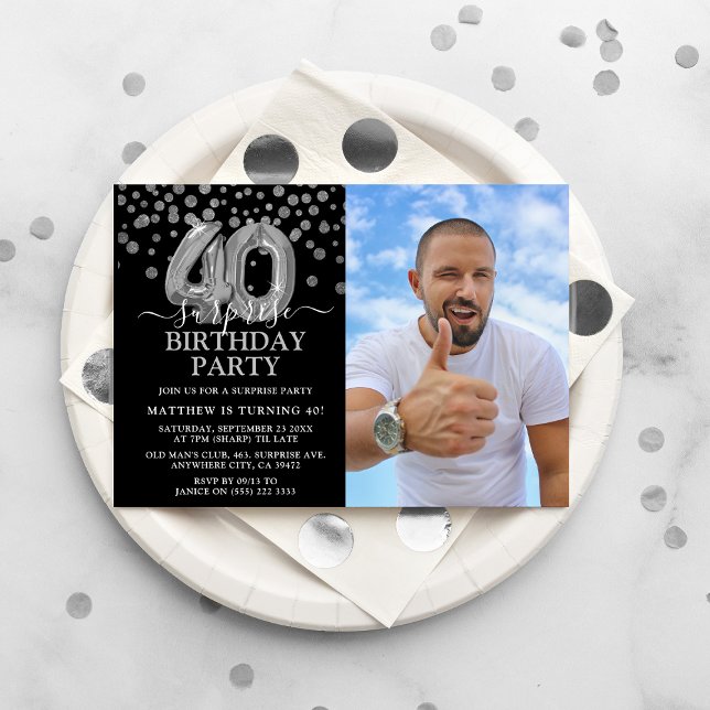 Modern Black & Silver 40th Surprise Birthday Photo Invitation (Creator Uploaded)