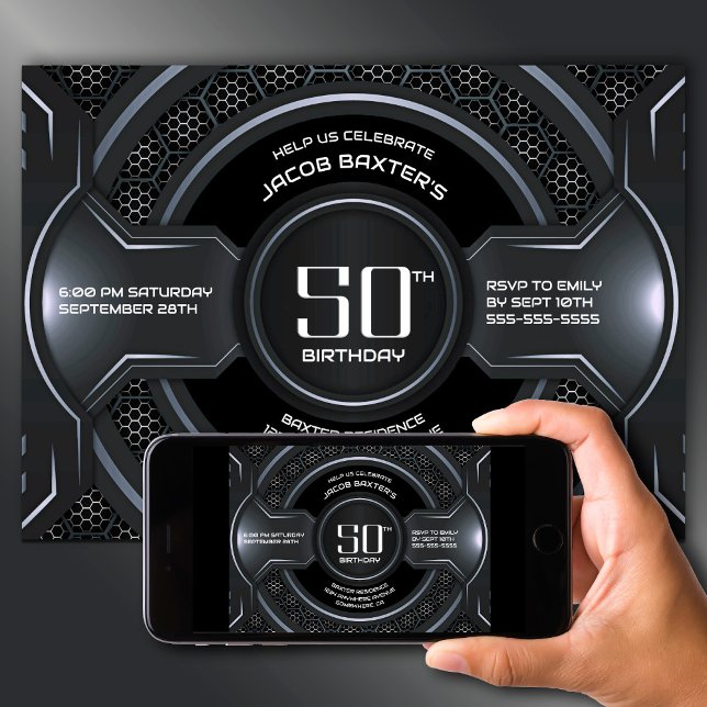 Modern Black Silver 50th Birthday Party Invitation (Creator Uploaded)