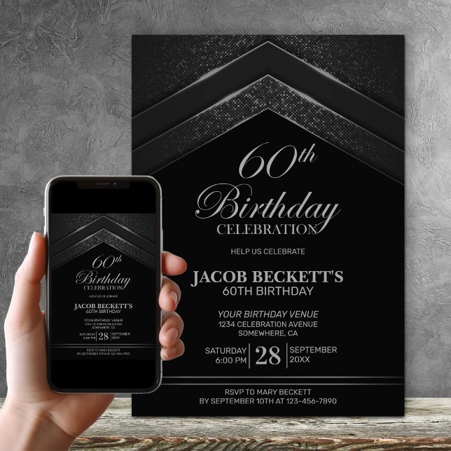 Modern Black Silver 60th Birthday Party Invitation (Creator Uploaded)