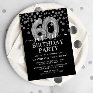 Modern Black & Silver 60th Surprise Birthday Party Invitation