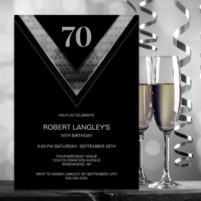 Modern Black Silver 70th Birthday Party Invitation (Creator Uploaded)