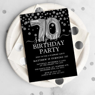 Modern Black & Silver 70th Surprise Birthday Party Invitation
