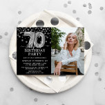 Modern Black & Silver 70th Surprise Birthday Photo Invitation<br><div class="desc">Modern black and silver surprise birthday party invitation for someone who is turning 70! Featuring a black background,  a photograph of the birthday man/woman,  faux silver glitter confetti,  silver 70th birthday balloons and an elegant birthday template that is easy to customise.</div>