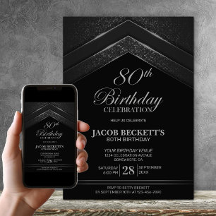 Modern Black Silver 80th Birthday Party Invitation
