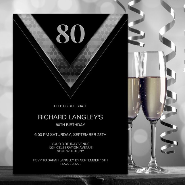 Modern Black Silver 80th Birthday Party Invitation (Creator Uploaded)