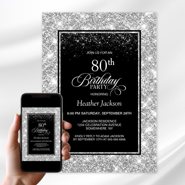 Modern Black Silver 80th Birthday Party Invitation (Creator Uploaded)