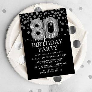 Modern Black & Silver 80th Surprise Birthday Party Invitation
