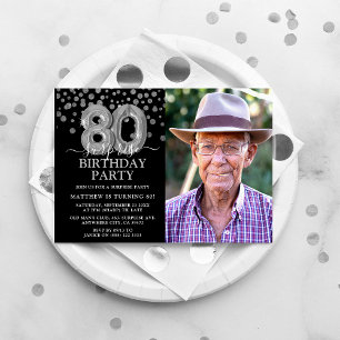 Modern Black & Silver 80th Surprise Birthday Photo Invitation