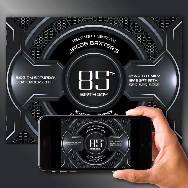 Modern Black Silver 85th Birthday Party Invitation (Creator Uploaded)